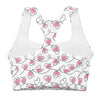 Closeup of racerback and seam detail on Infinite Hearts longline sports bra. High impact eco-friendly fabric built for active support and daily comfort.