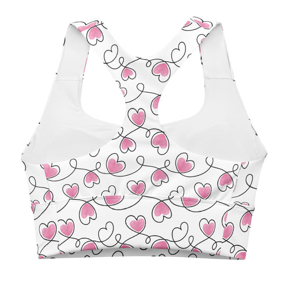 Closeup of racerback and seam detail on Infinite Hearts longline sports bra. High impact eco-friendly fabric built for active support and daily comfort.