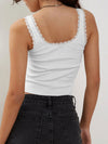 Back view of the Lace Detail Square Neck Tank in gray with lace trim and square neckline.