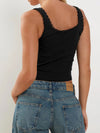 Back view of the Lace Detail Square Neck Tank in gray with lace trim and square neckline.