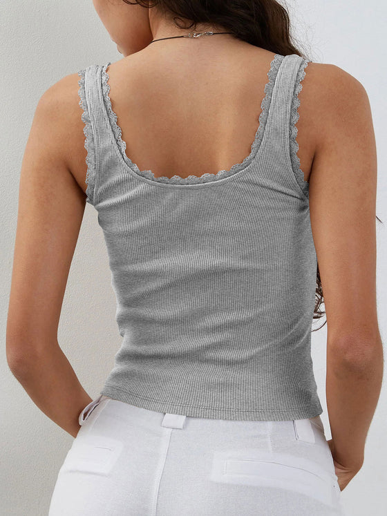 Back view of the Lace Detail Square Neck Tank in gray with lace trim and square neckline.