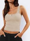 Front view of the Lace Detail Square Neck Tank in gray with lace trim and square neckline.