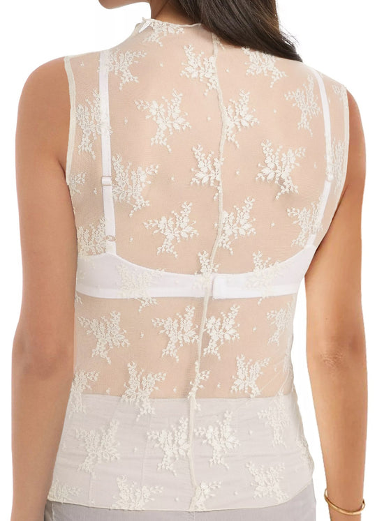 Back view of the Lace Mock Neck Top highlighting the lace pattern and mock neck style.