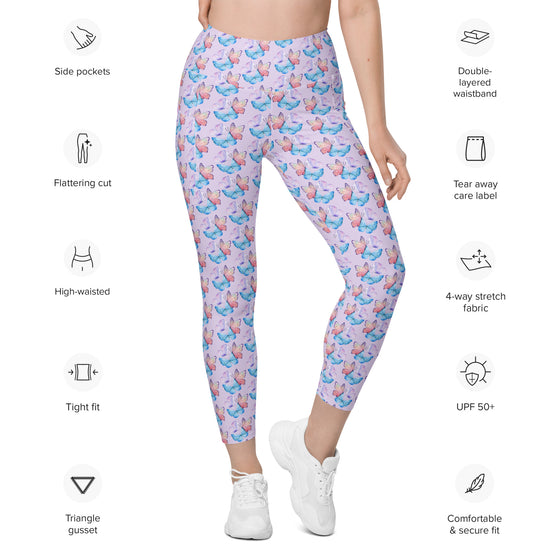 Product details of lavender butterfly print high-waisted gym leggings for women, including key features like functional pockets and a flattering high-waisted fit.