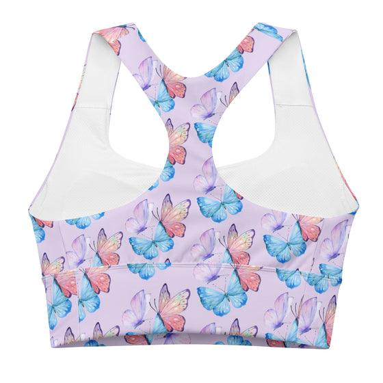 Back view of Lavender Butterfly Print Medium Impact Sports Bra. Provides medium support with a racerback design for flexibility, perfect for yoga, light exercises, or casual wear, combining grace with functionality.