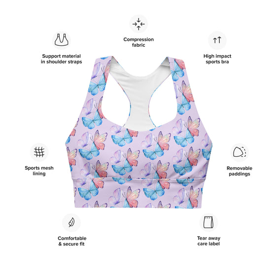 Lavender Butterfly Print Medium Impact Sports Bra with delicate butterfly design. Compression fabric and double-layered straps ensure a secure and comfortable fit, offering medium-impact support ideal for light workouts or everyday use.