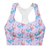 Front view of Lavender Butterfly Print Medium Impact Sports Bra. Elegant butterfly design on a soft lavender background. Medium support, ideal for yoga, light workouts, or daily wear, providing both comfort and style.
