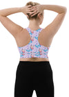 Back view of Lavender Butterfly Print Medium Impact Sports Bra in large size. Offers medium support with a secure fit, designed for yoga, light workouts, or everyday wear. Stylish butterfly print and lavender color for a graceful look.
