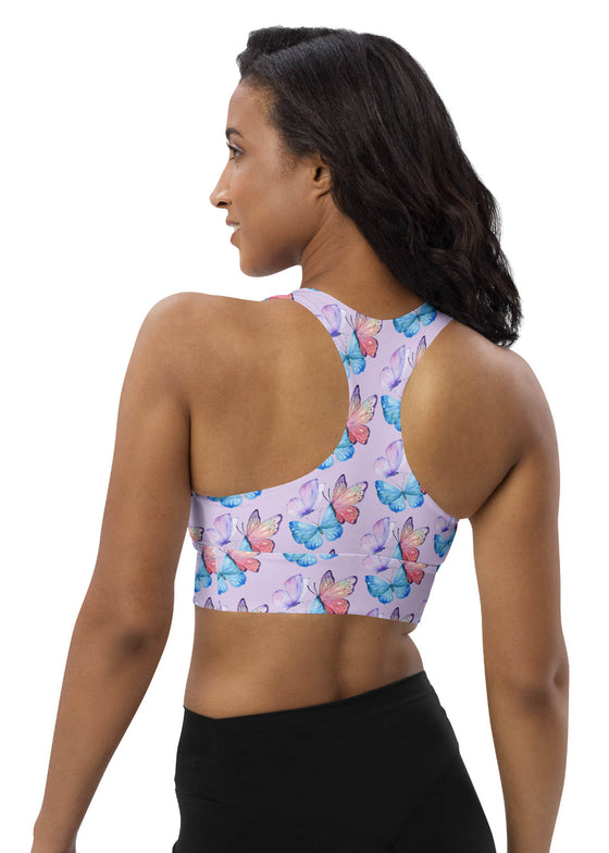 Back view of Lavender Butterfly Print Medium Impact Sports Bra. Racerback design offers flexibility, while the double-layered front and shoulder straps provide comfortable medium support for yoga and light workouts.
