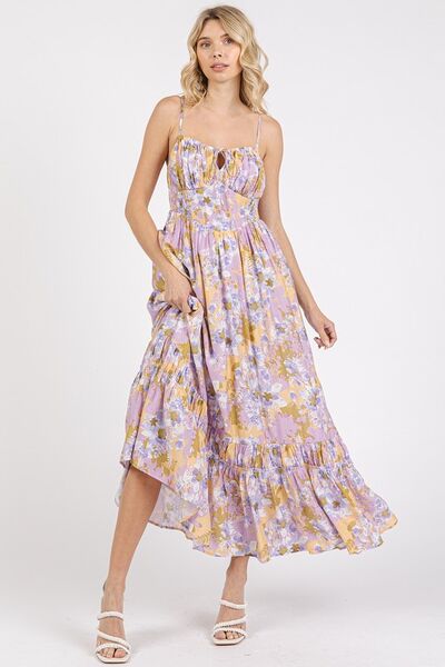  A stunning front view of the Lavender Floral Print Smocked Back Ruffled Hem Maxi Cami Dress, featuring a soft flowy silhouette, delicate floral prints, and a flattering cami neckline.