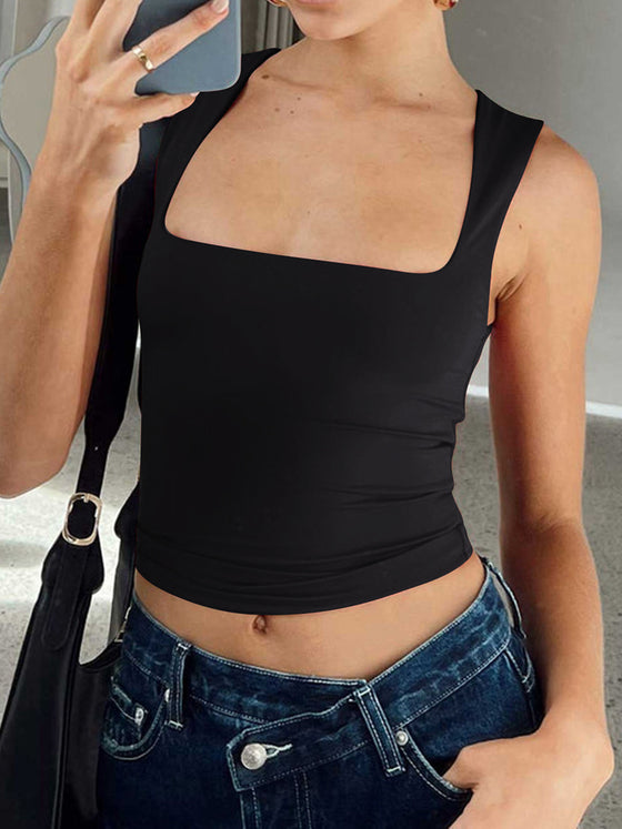 Model styled in the Lovelet Square Neck Tank with denim jeans, showcasing a minimalist and chic look.