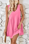 Front view of the Lovelet Wide Strap Mini Tank Dress in soft pink, showcasing its V-neckline and flowy silhouette.