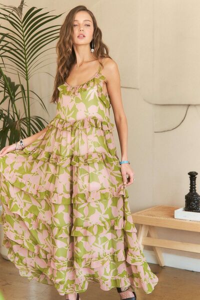  A graceful front view of the Mauve Sage Floral Print Cami Dress, featuring a flattering silhouette, beautiful floral print, and easy-to-wear design.