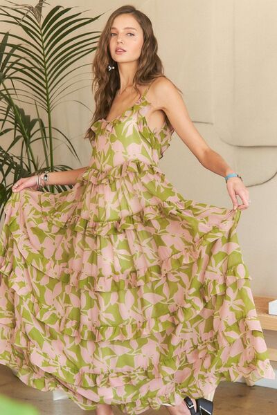 A stylish front view of the Mauve Sage Floral Tiered Scoop Neck Cami Dress, featuring a soft floral print, scoop neckline, and breezy tiered silhouette.