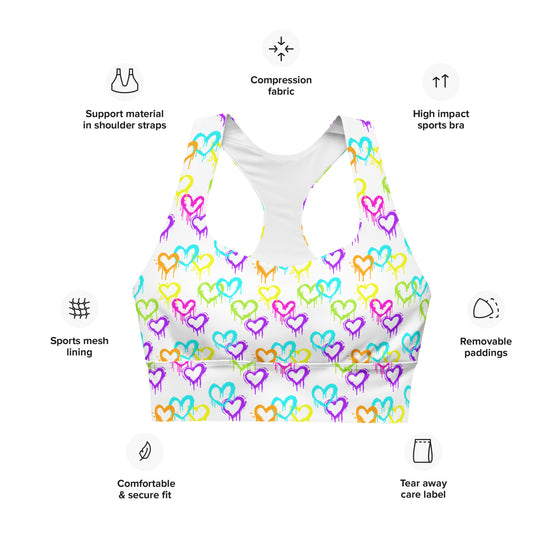 Close-up of the Melting Hearts Print White Racerback Sports Bra front, highlighting the stylish melting hearts print, breathable mesh lining, and high-impact support for gym and fitness activities.