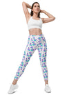 Model wearing Cosmic Cats White High-Waisted Leggings with a cosmic cat print. A comfortable and stylish choice for gym leggings with pockets for women.