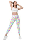 Model wearing Melting Hearts White Compression Leggings in the front view. High-waisted fit with artistic melting heart design, ideal for gym workouts and yoga.