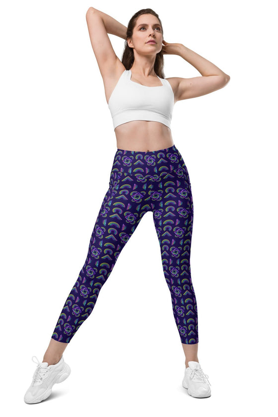 Model wearing Neon Rainbow Navy High Rise Leggings, showing front view with flattering high-waisted fit, ideal for workouts and active lifestyle.