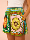  Zoomed-in front view of the Multicolor Top and Shorts Set highlighting the fabric texture and bold design.