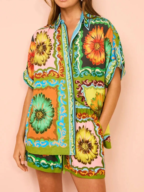  Full front view of the Multicolor Printed Top and Shorts Set showing the vibrant coordinated outfit.