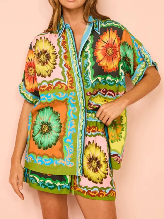 Complete front-facing shot of the multicolor set styled for a bold, casual day look.