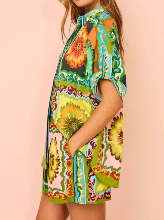 Full side view of the Multicolor Printed Top and Shorts Set highlighting the relaxed fit and colorful print.

