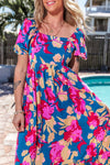 Front view of the Multicolor Square Neck Short Sleeve Midi Dress highlighting the bold, vibrant colors and flattering silhouette.