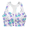 Front view of the Neon Cosmic White Racerback Sports Bra showcasing the bold neon cosmic print. Ideal for high-impact workouts, offering superior support and style.