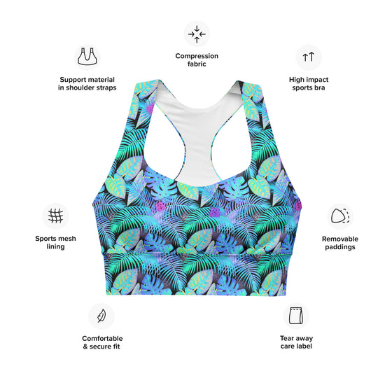 Text details of the neon foliage seamless sports bra, highlighting its vibrant turquoise and lime green prints, high-impact support, and racerback design. Perfect for gym workouts, running, and active wear.