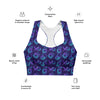 Neon Geometry Navy High Impact Racerback Sports Bra with text details. Highlights include high support, breathable mesh lining, and removable padding for customizable comfort during intense workouts.