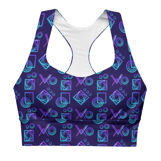 Front view of the Neon Geometry Navy High Impact Racerback Sports Bra. Stunning geometric neon print on a navy background, providing high support for intense workouts and activities.
