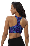 Back view of the Neon Geometry Navy High Impact Racerback Sports Bra. Racerback design for freedom of movement, providing excellent support and comfort for high-energy workouts and gym sessions.
