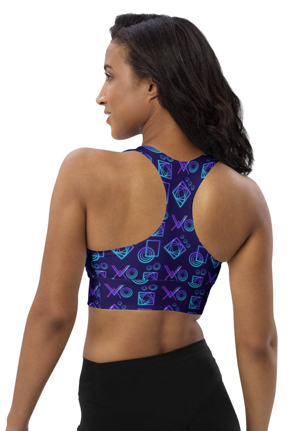 Back view of the Neon Geometry Navy High Impact Racerback Sports Bra. Racerback design for freedom of movement, providing excellent support and comfort for high-energy workouts and gym sessions.
