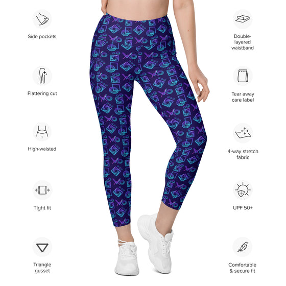 Text details of Neon Geometry Navy High Rise Gym Leggings with pockets. Stylish and functional gym leggings featuring neon geometric print and high-waisted fit.