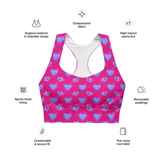 Close-up of the Neon Heart Violet Red Racerback Sports Bra front, highlighting the neon heart print, high-impact support, and racerback fit for gym training and active performance.