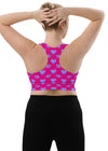 Large-size back view of the Neon Heart Violet Red Racerback Sports Bra. Featuring a secure racerback design, adjustable straps, and compression fabric for gym training, running, and high-intensity exercise.