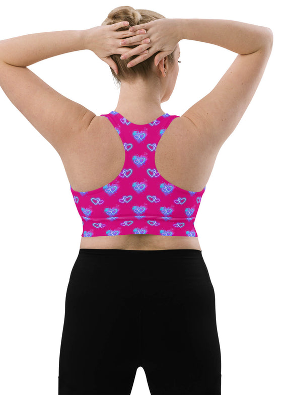 Large-size back view of the Neon Heart Violet Red Racerback Sports Bra. Featuring a secure racerback design, adjustable straps, and compression fabric for gym training, running, and high-intensity exercise.