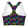 Back view of Neon Hearts Print Black High Impact Sports Bra. Double-layered design offers high support, perfect for workouts, running, and other intense physical activities.