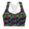 Front view of Neon Hearts Print Black High Impact Sports Bra. Neon heart print combined with compression fabric and racerback design for maximum support and comfort during high-impact activities.