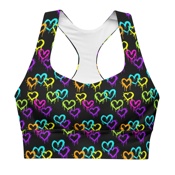 Front view of Neon Hearts Print Black High Impact Sports Bra. Neon heart print combined with compression fabric and racerback design for maximum support and comfort during high-impact activities.