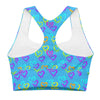  Back view of Neon Hearts Print Blue High Impact Sports Bra. With its racerback design and compression fabric, this bra offers maximum support for any high-impact activity, ensuring comfort and flexibility.