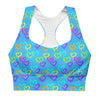 Front view of Neon Hearts Print Blue High Impact Sports Bra with neon hearts on a blue background. Offering high support, this sports bra is ideal for intense workouts and yoga, providing both comfort and style.