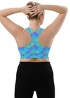 Back view of Neon Hearts Print Blue High Impact Sports Bra, large size. The racerback design and compression fabric provide a supportive, comfortable fit for high-impact workouts and yoga routines.