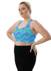 Side view of woman in Neon Hearts Print Blue High Impact Sports Bra, large size. Compression fabric and racerback design provide maximum support, ensuring a secure fit during high-impact gym workouts or yoga sessions.