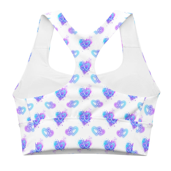 Back view of Neon Hearts White Racerback Longline Sports Bra with a stylish racerback design for extra mobility and freedom of movement during high-impact workouts or casual wear, offering maximum support.