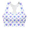 Front view of Neon Hearts White Racerback Longline Sports Bra featuring a playful neon heart design. The longline fit provides added support, ideal for gym workouts, high-impact activities, or casual wear.
