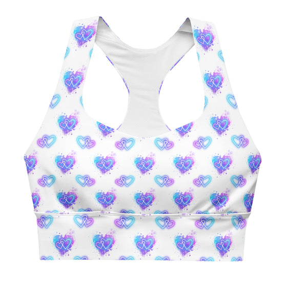 Front view of Neon Hearts White Racerback Longline Sports Bra featuring a playful neon heart design. The longline fit provides added support, ideal for gym workouts, high-impact activities, or casual wear.
