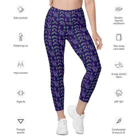 Text details of Neon Rainbow Navy High Rise Leggings showing the pocket design and double-layer waistband, perfect for women seeking style and support in their workout gear.
