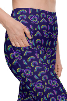  Close-up of Neon Rainbow Navy High Rise Leggings showing functional side pockets, designed for women with a high-waisted fit, perfect for workout or casual wear.