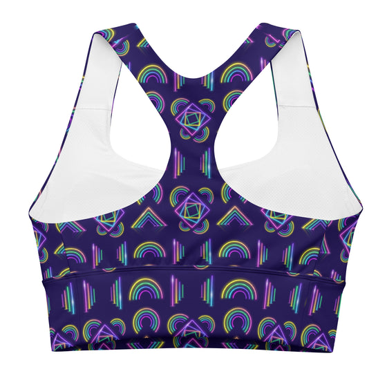 Back view of the Neon Rainbow Print Navy High Support Sports Bra. Racerback design for optimal mobility and support during high-impact activities, designed to keep you comfortable and cool.